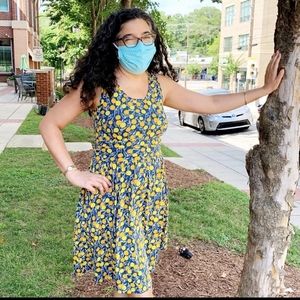 Mata traders Asheville dress cotton fit and flare Sz M pockets blue/yellow print